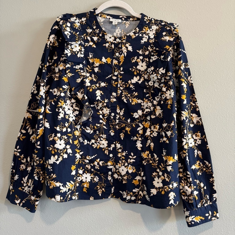 J.Crew Factory Dark Floral Button Up Shirt Ruffle Long Sleeve Office Cotton XXL